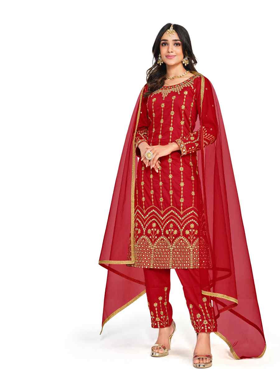 Red Silk Embroidered Festival Party Pant Salwar Kameez