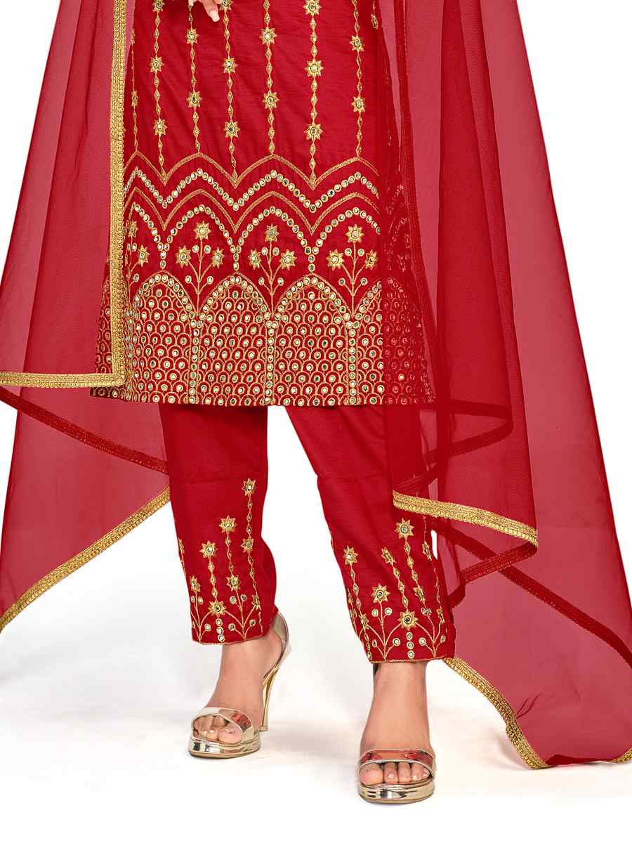 Red Silk Embroidered Festival Party Pant Salwar Kameez