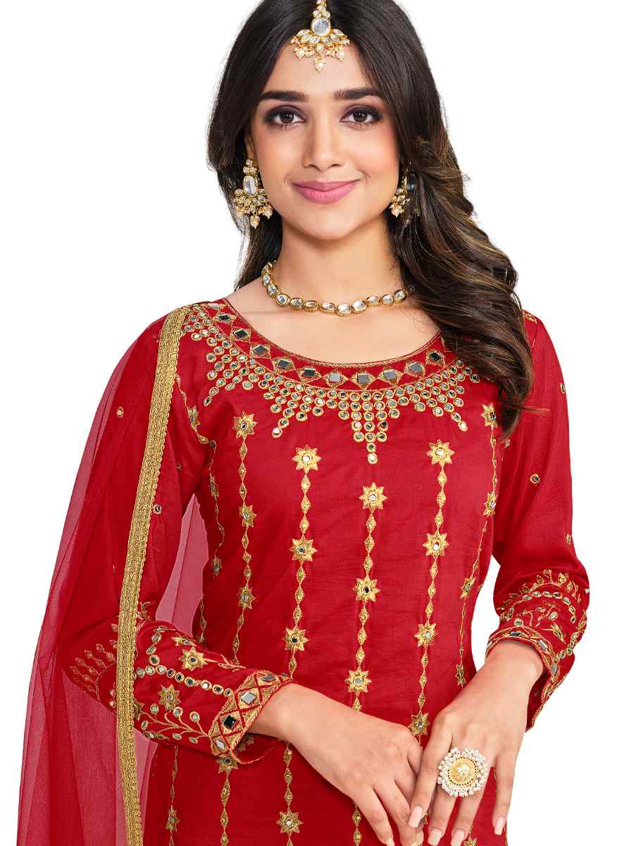 Red Silk Embroidered Festival Party Pant Salwar Kameez