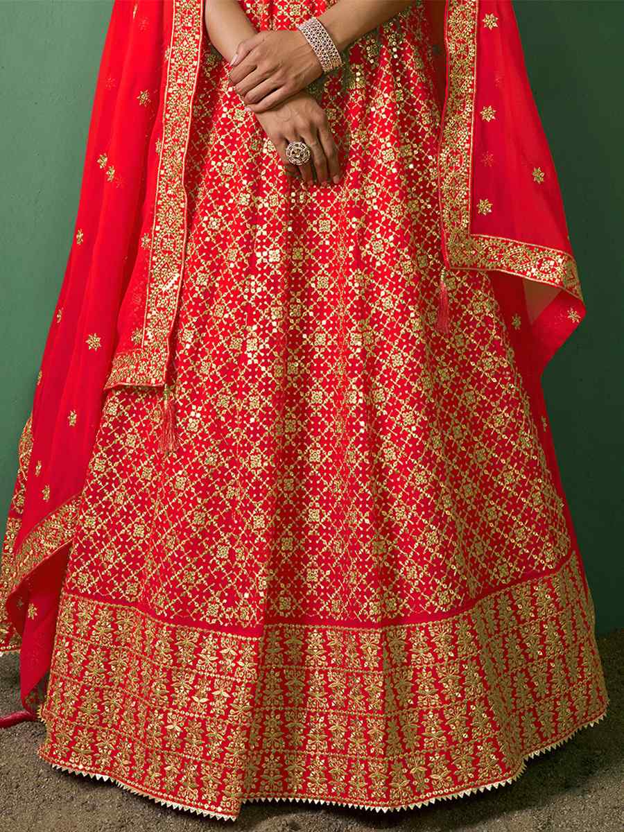 Red Silk Embroidered Festival Wedding Circular Lehenga Choli