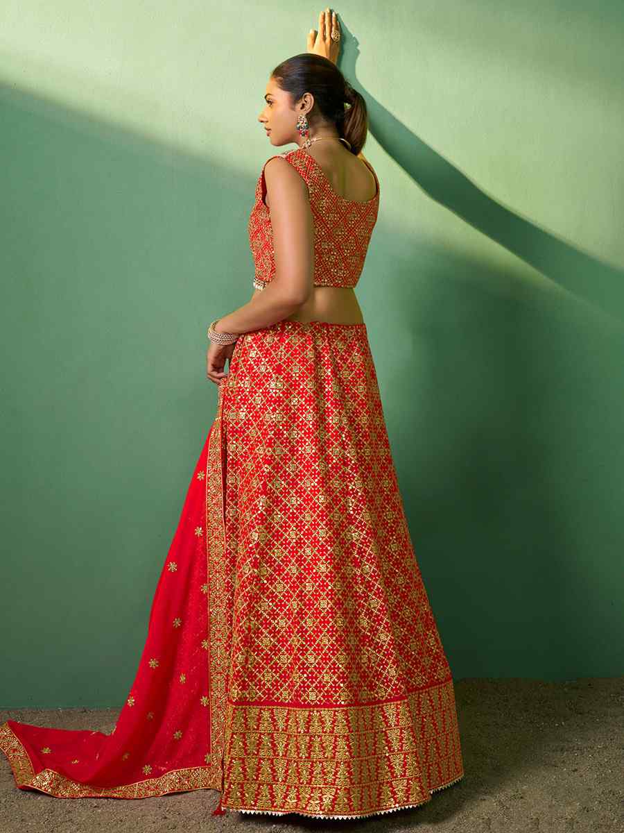 Red Silk Embroidered Festival Wedding Circular Lehenga Choli