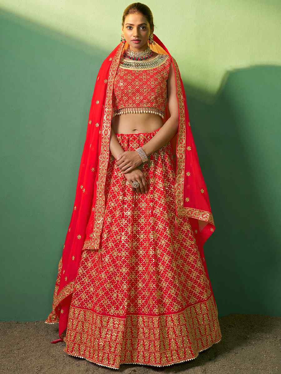 Red Silk Embroidered Festival Wedding Circular Lehenga Choli