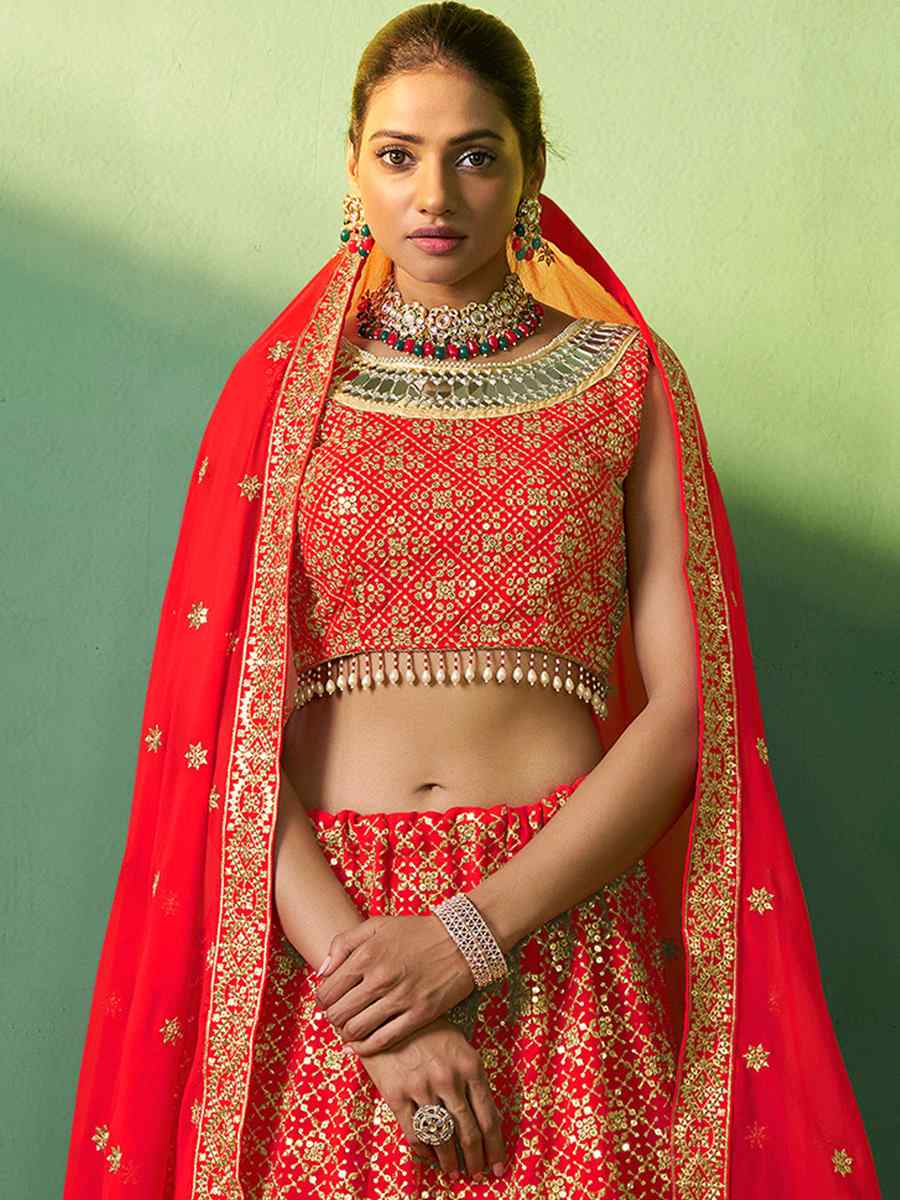 Red Silk Embroidered Festival Wedding Circular Lehenga Choli