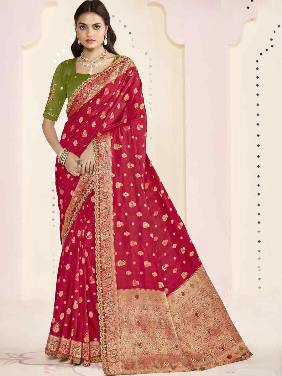 Red Silk Embroidered Festival Wedding Fancy Heavy Border Saree