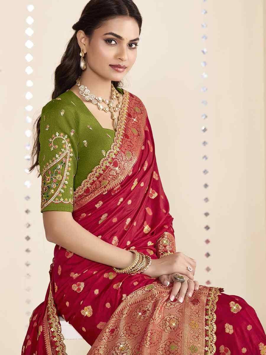 Red Silk Embroidered Festival Wedding Fancy Heavy Border Saree