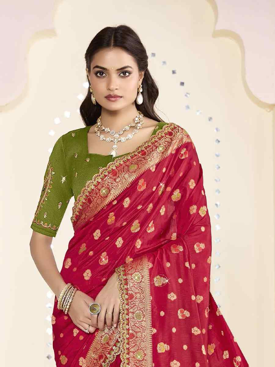 Red Silk Embroidered Festival Wedding Fancy Heavy Border Saree