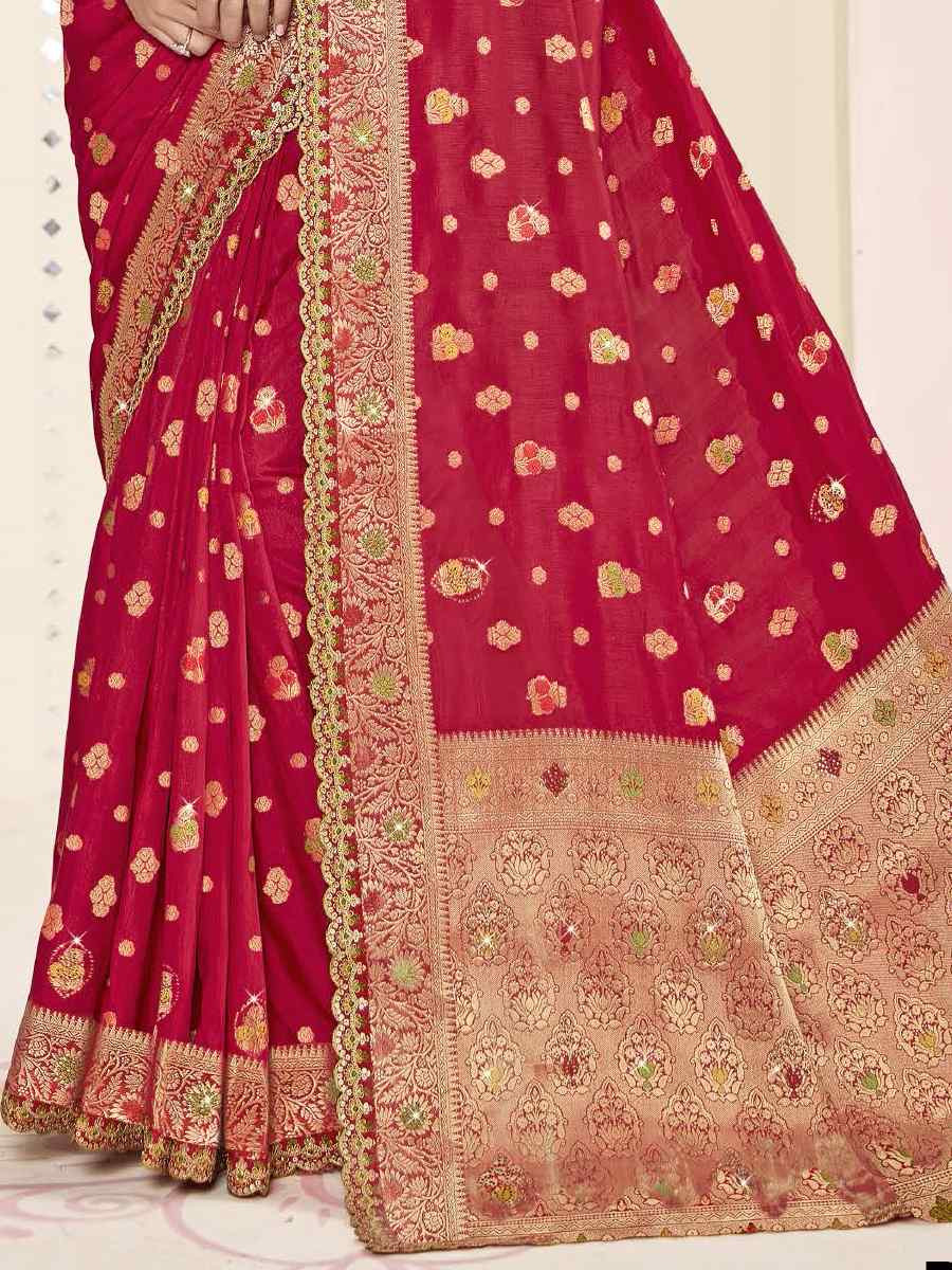 Red Silk Embroidered Festival Wedding Fancy Heavy Border Saree