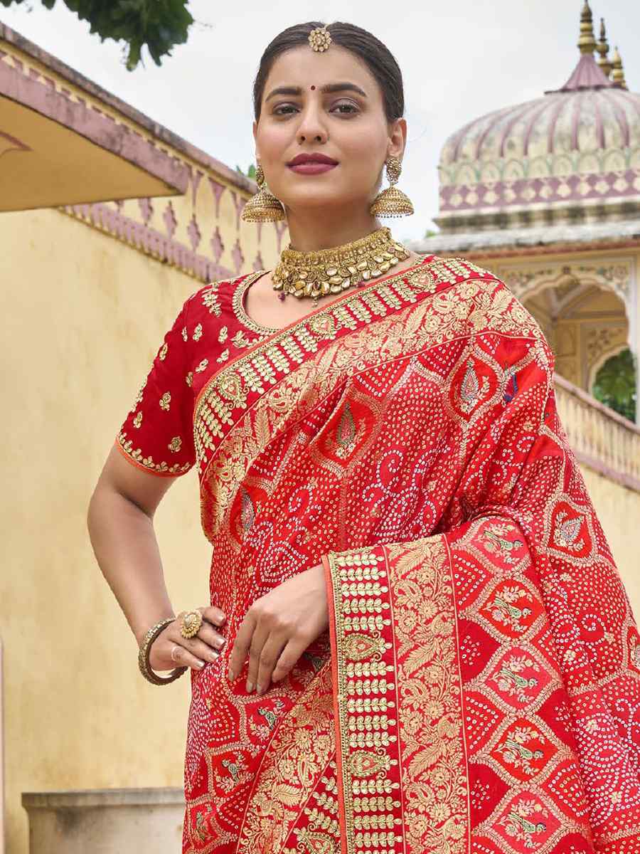 Red Silk Embroidered Wedding Festival Heavy Border Saree