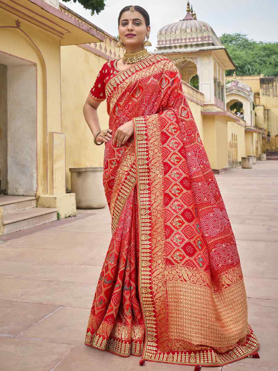 Red Silk Embroidered Wedding Festival Heavy Border Saree