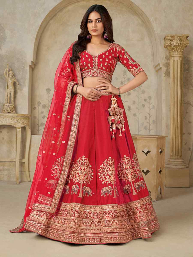 Image of Red Silk Embroidered Wedding Reception Festival Heavy Border Lehenga Choli