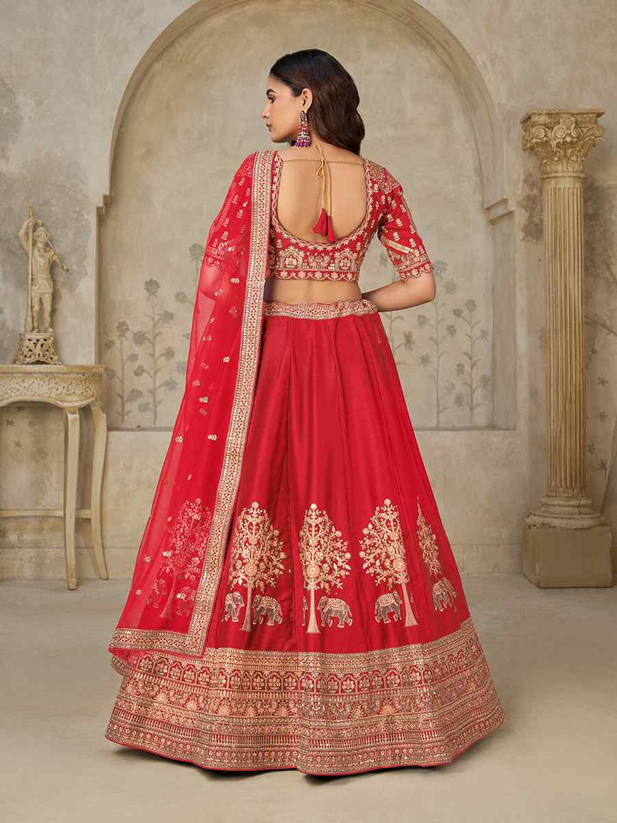 Red Silk Embroidered Wedding Reception Festival Heavy Border Lehenga Choli