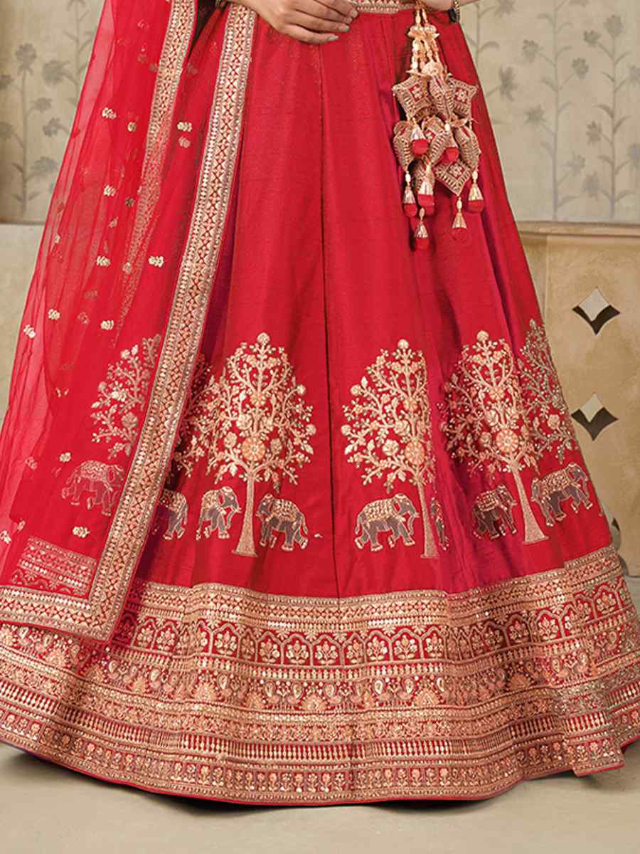 Red Silk Embroidered Wedding Reception Festival Heavy Border Lehenga Choli