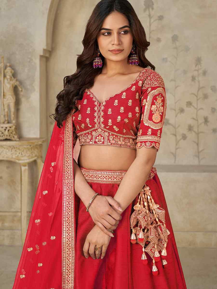 Red Silk Embroidered Wedding Reception Festival Heavy Border Lehenga Choli