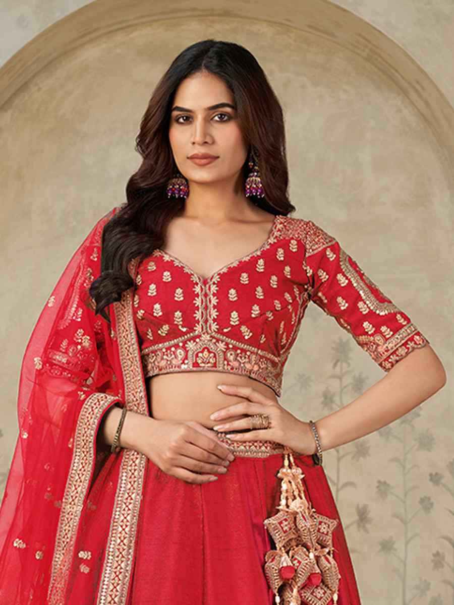 Red Silk Embroidered Wedding Reception Festival Heavy Border Lehenga Choli