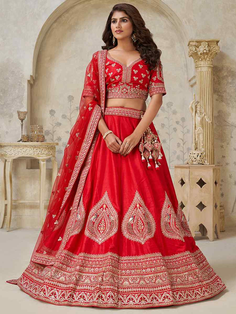 Red Silk Embroidered Wedding Reception Festival Heavy Border Lehenga Choli