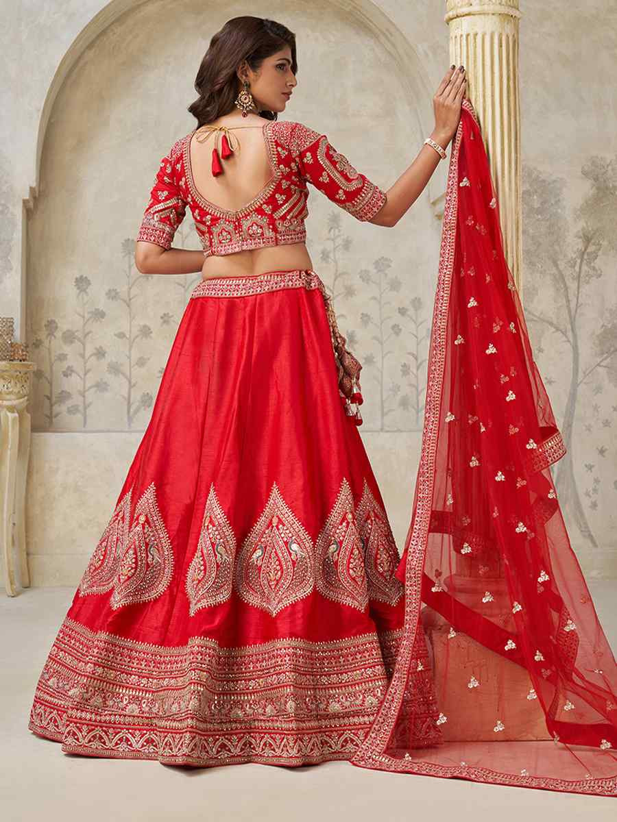 Red Silk Embroidered Wedding Reception Festival Heavy Border Lehenga Choli
