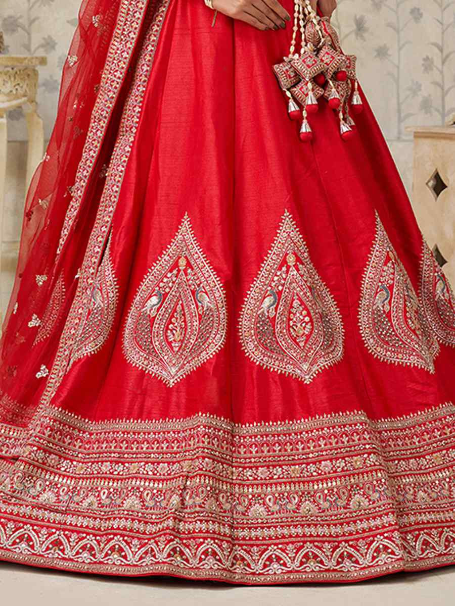 Red Silk Embroidered Wedding Reception Festival Heavy Border Lehenga Choli