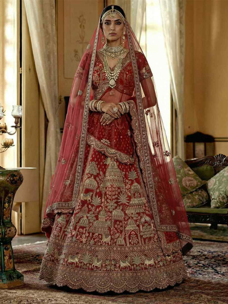 Image of Red Silk Embroidery Bridal Wedding Reception Festival Heavy Border Lehenga Choli