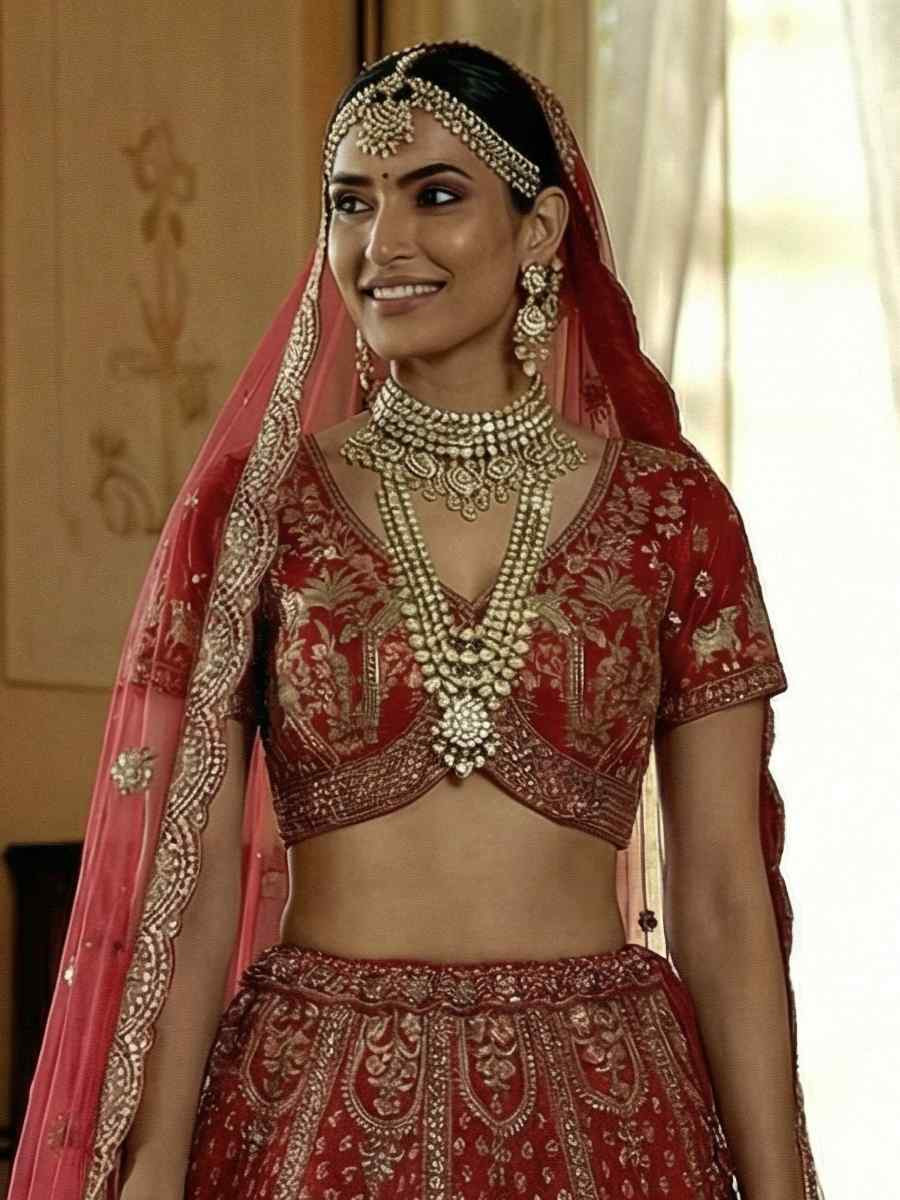Red Silk Embroidery Bridal Wedding Reception Festival Heavy Border Lehenga Choli