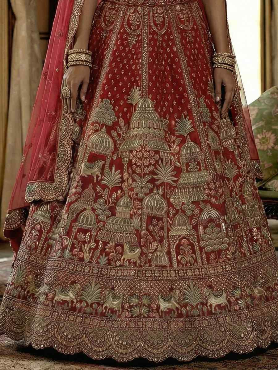 Red Silk Embroidery Bridal Wedding Reception Festival Heavy Border Lehenga Choli