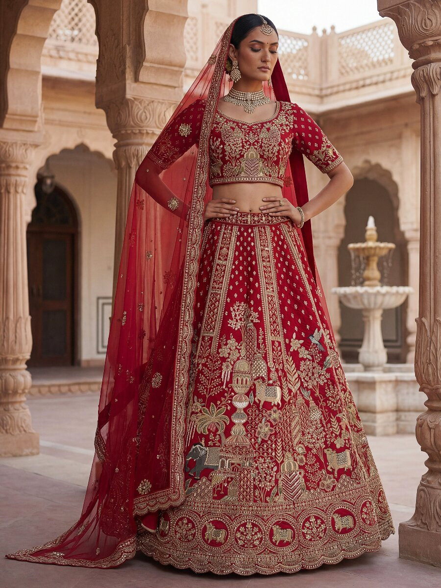 Red Silk Embroidery Sequins Zari Wedding Bridal Party Festival Heavy Border Lehenga Choli