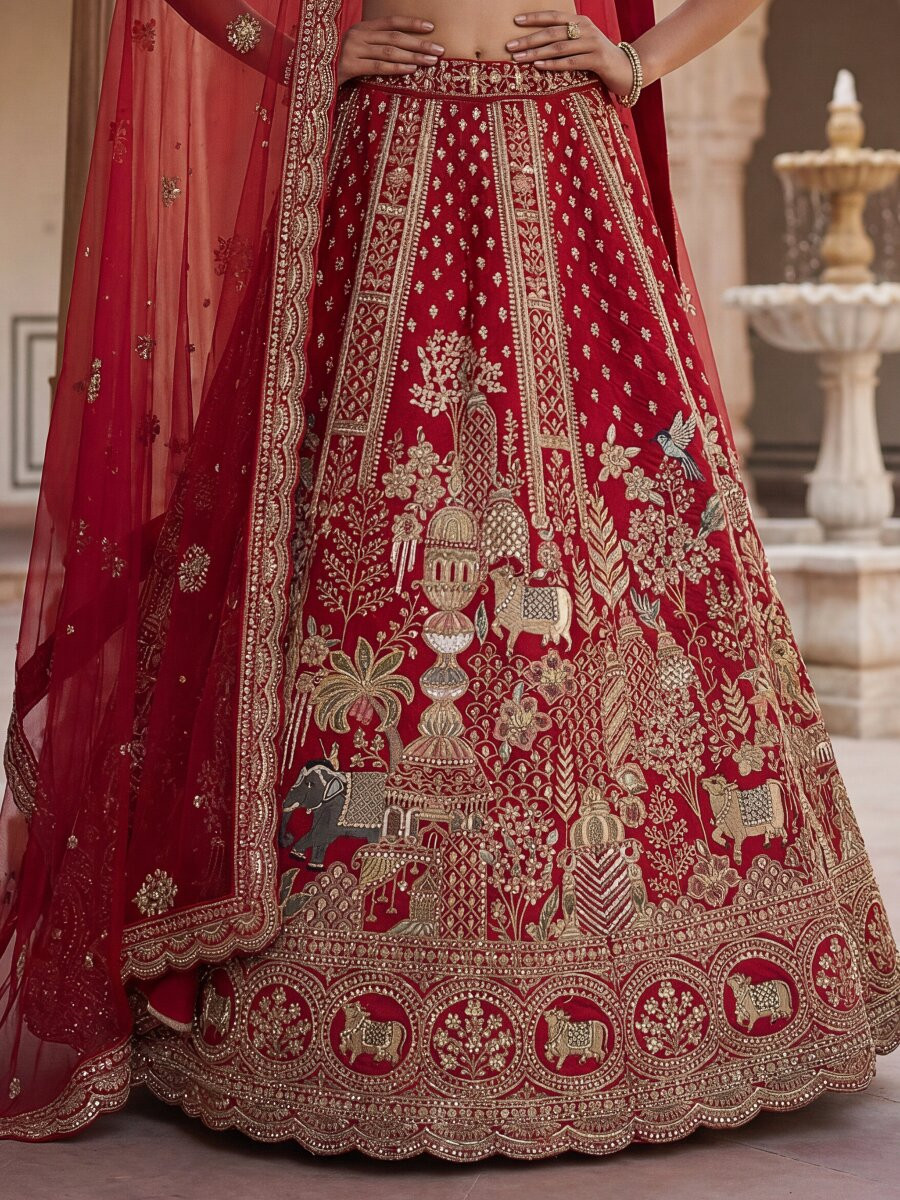 Red Silk Embroidery Sequins Zari Wedding Bridal Party Festival Heavy Border Lehenga Choli