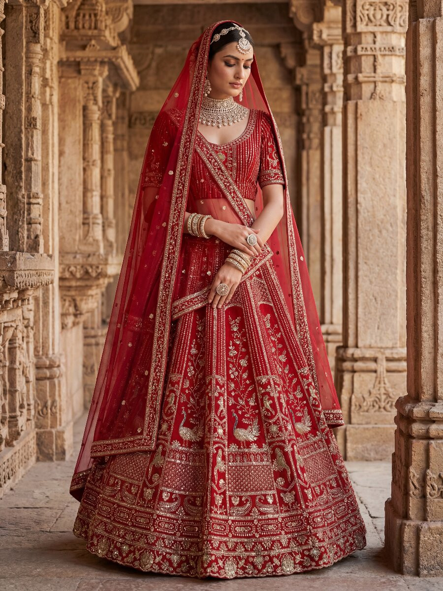 Red Silk Embroidery Sequins Zari Wedding Reception Party Bridal Heavy Border Lehenga Choli
