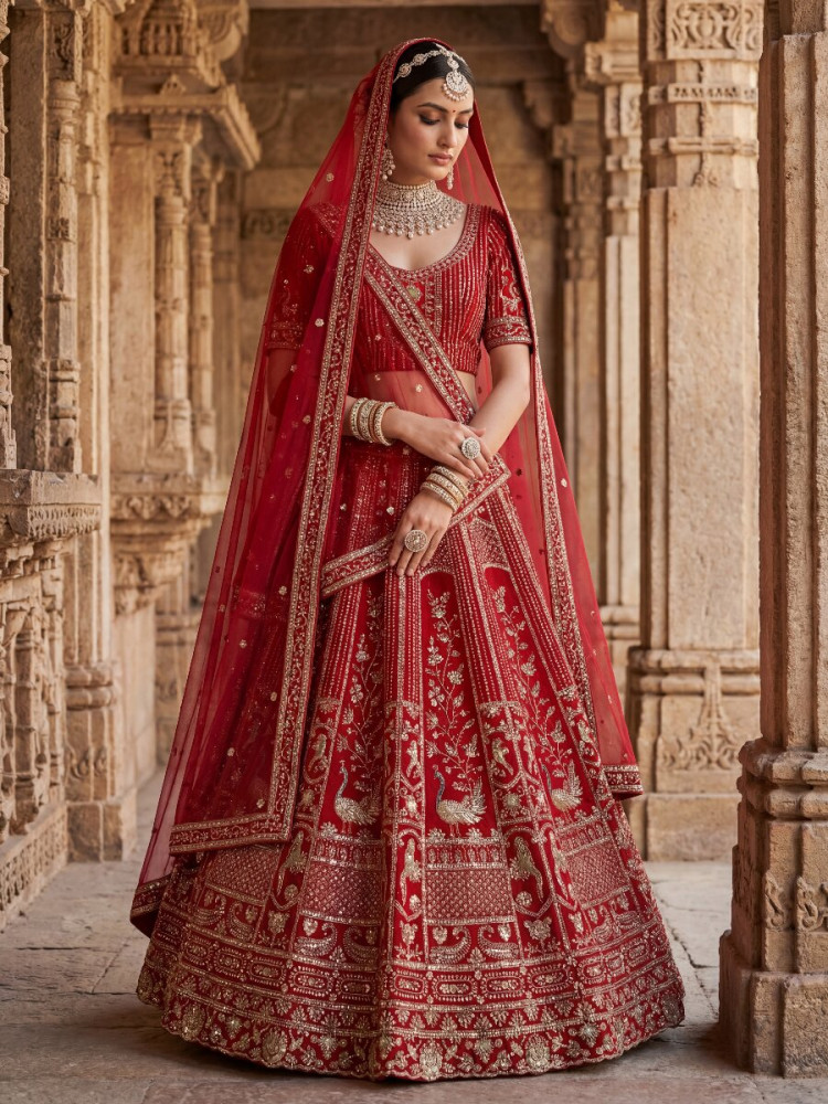 Image of Red Silk Embroidery Sequins Zari Wedding Reception Party Bridal Heavy Border Lehenga Choli