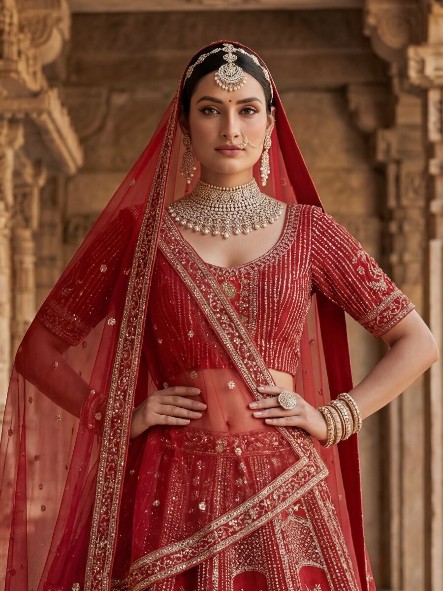 Red Silk Embroidery Sequins Zari Wedding Reception Party Bridal Heavy Border Lehenga Choli