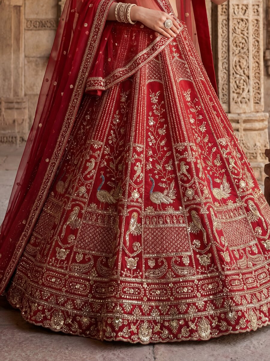 Red Silk Embroidery Sequins Zari Wedding Reception Party Bridal Heavy Border Lehenga Choli