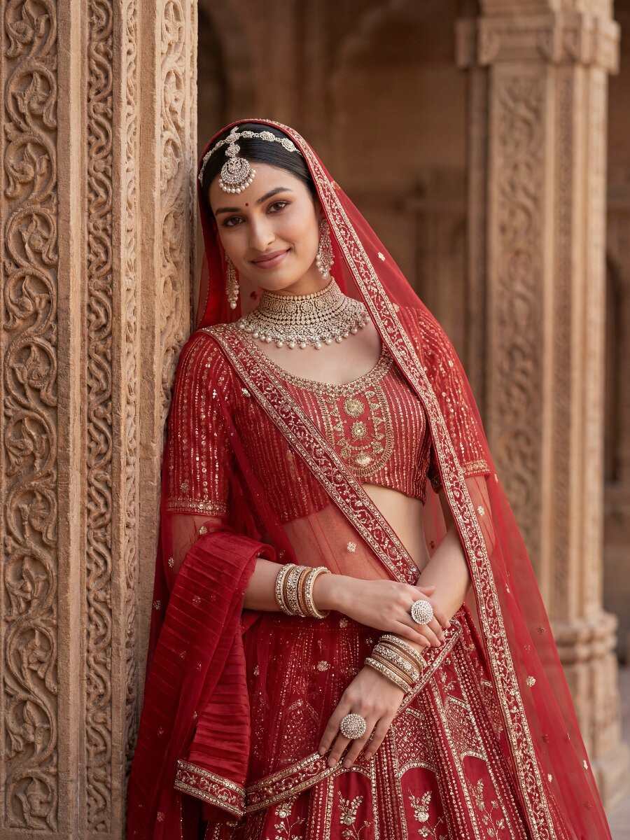 Red Silk Embroidery Sequins Zari Wedding Reception Party Bridal Heavy Border Lehenga Choli