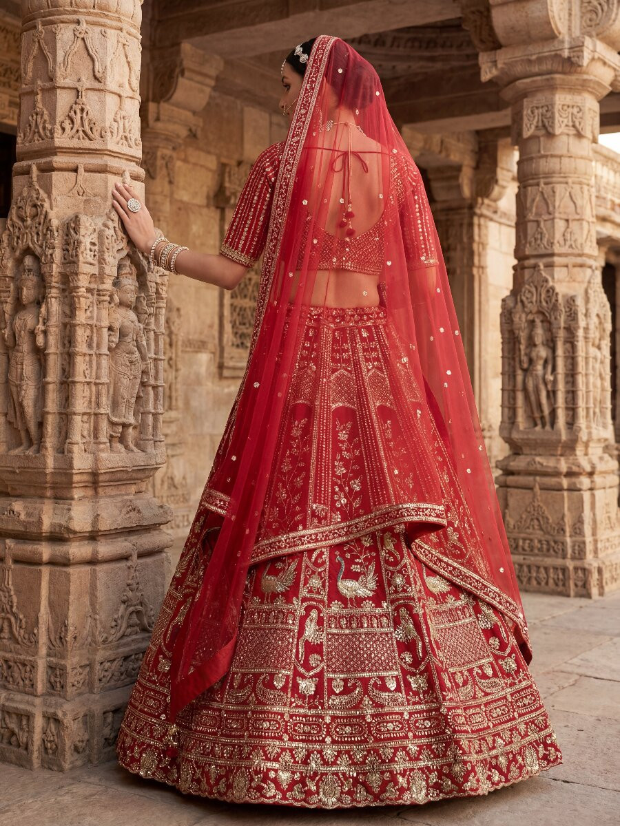 Red Silk Embroidery Sequins Zari Wedding Reception Party Bridal Heavy Border Lehenga Choli