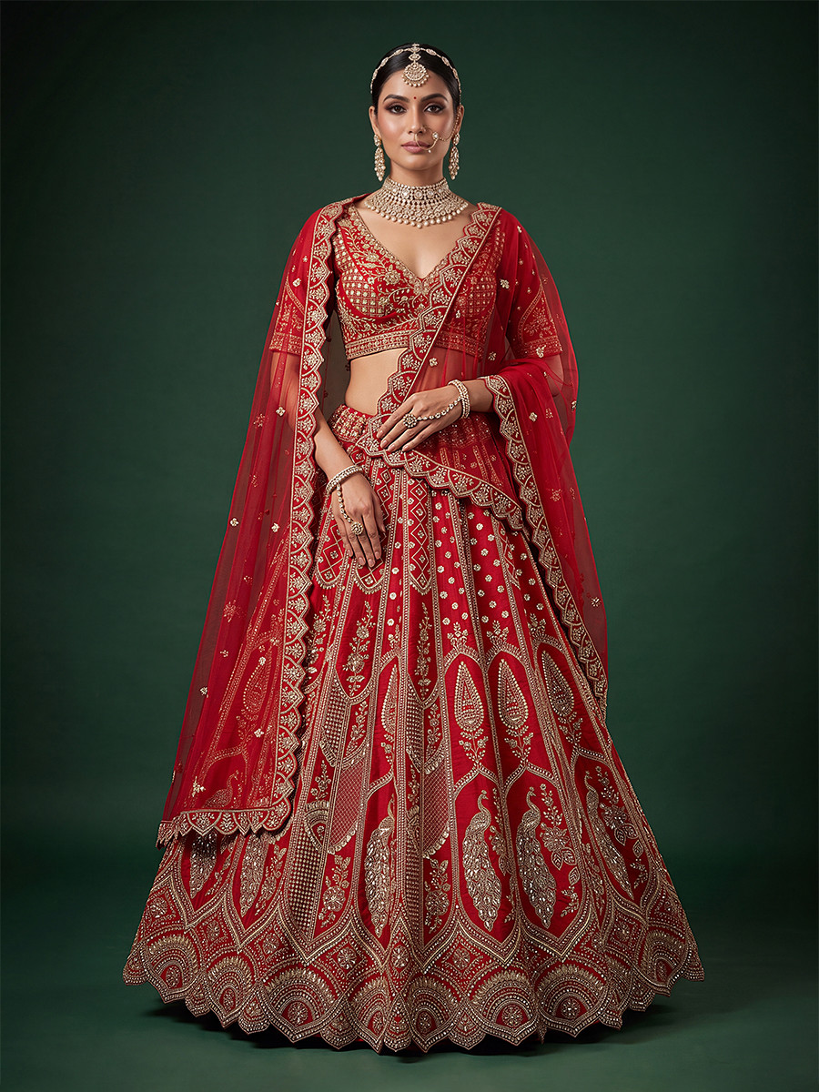 Red Silk Embroidery Sequins Zari Wedding Reception Party Festival Bridal Heavy Border Lehenga Choli