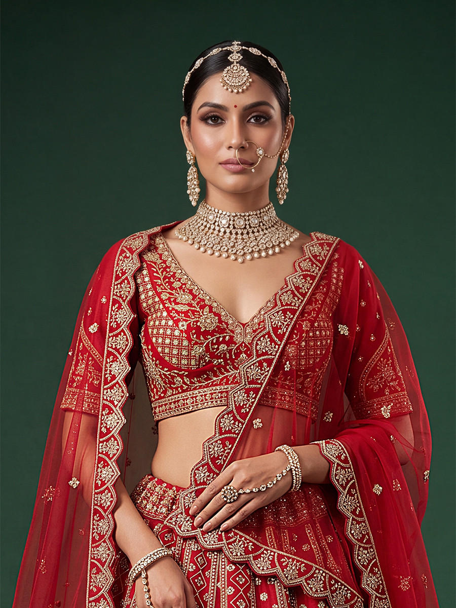 Red Silk Embroidery Sequins Zari Wedding Reception Party Festival Bridal Heavy Border Lehenga Choli