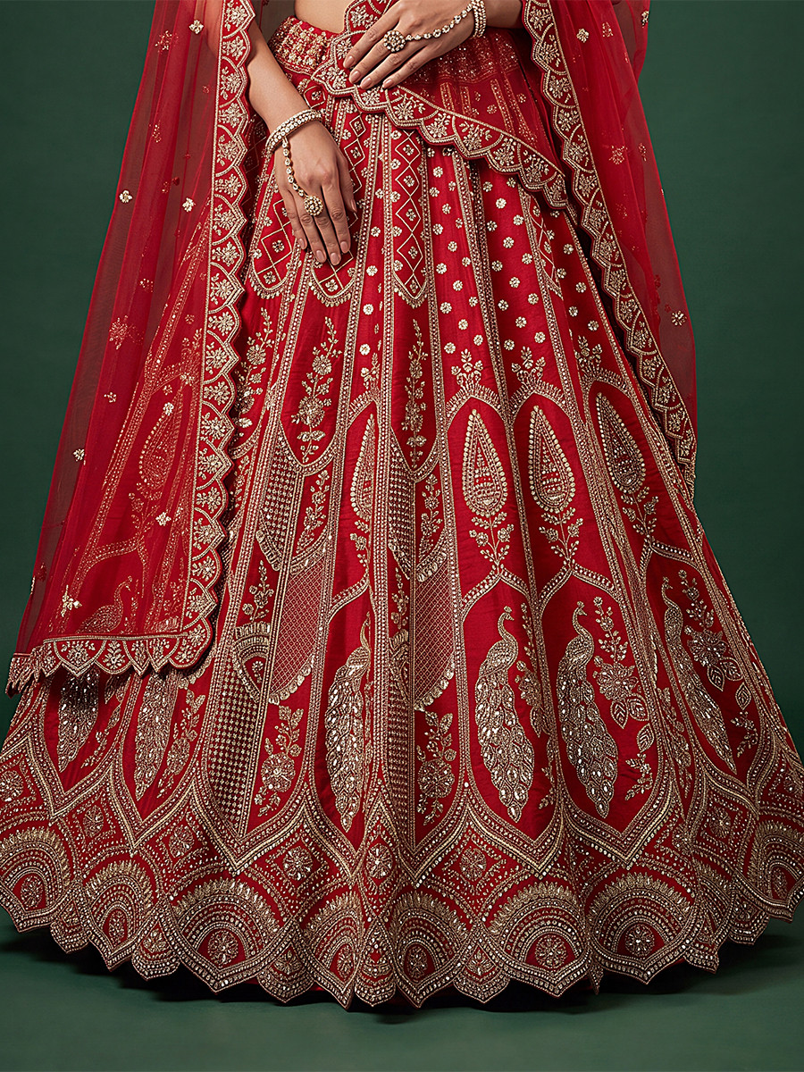 Red Silk Embroidery Sequins Zari Wedding Reception Party Festival Bridal Heavy Border Lehenga Choli