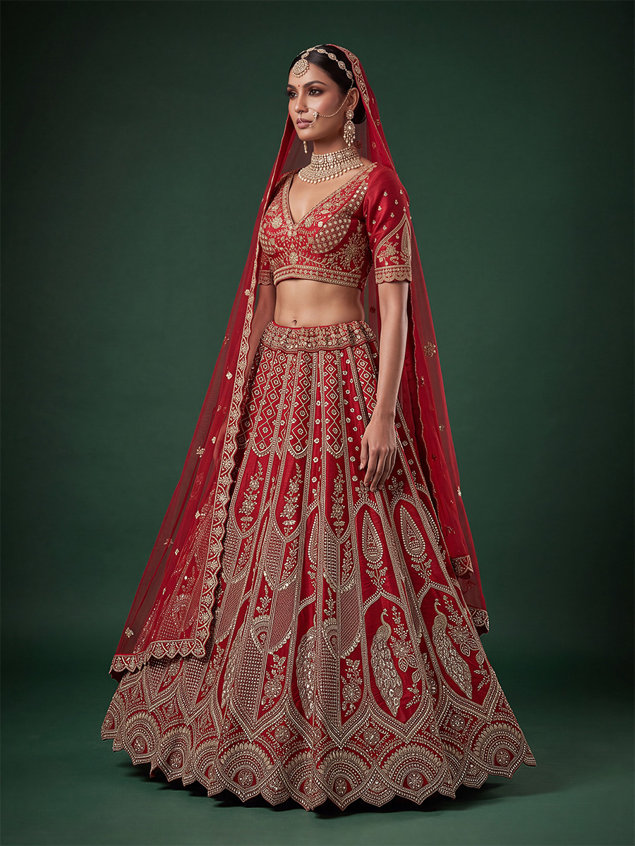 Red Silk Embroidery Sequins Zari Wedding Reception Party Festival Bridal Heavy Border Lehenga Choli