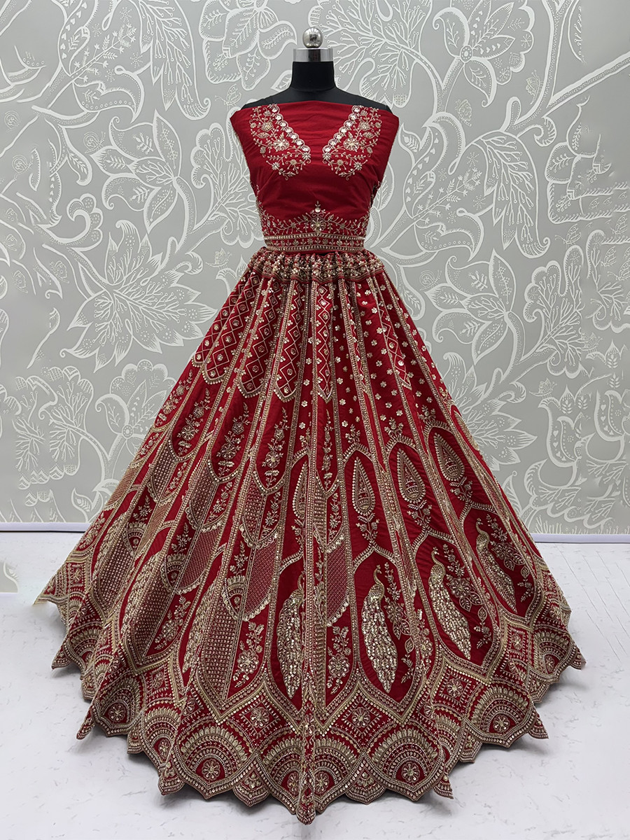 Red Silk Embroidery Sequins Zari Wedding Reception Party Festival Bridal Heavy Border Lehenga Choli