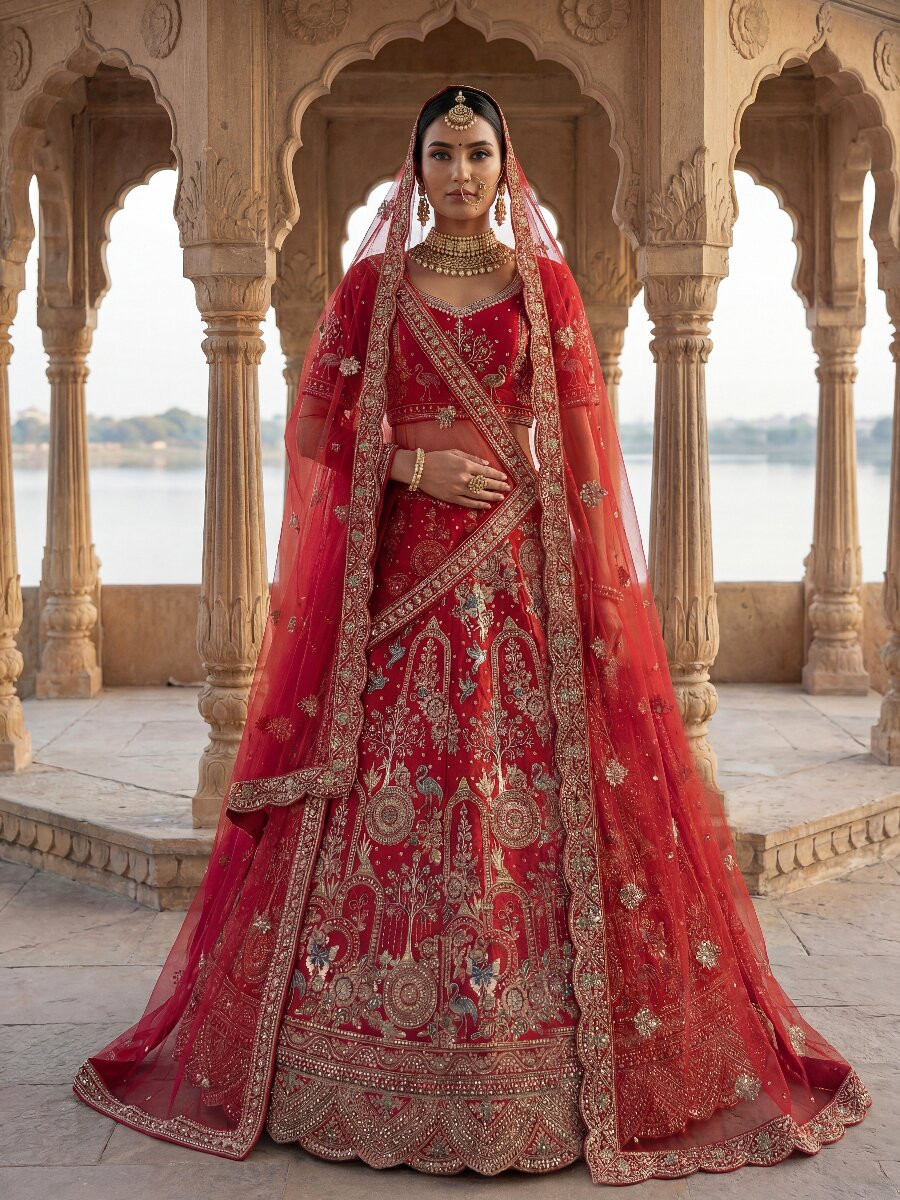 Red Silk Embroidery Sequins Zari Zardosi Resham Thread Wedding Reception Party Festival Bridal Heavy Border Lehenga Choli
