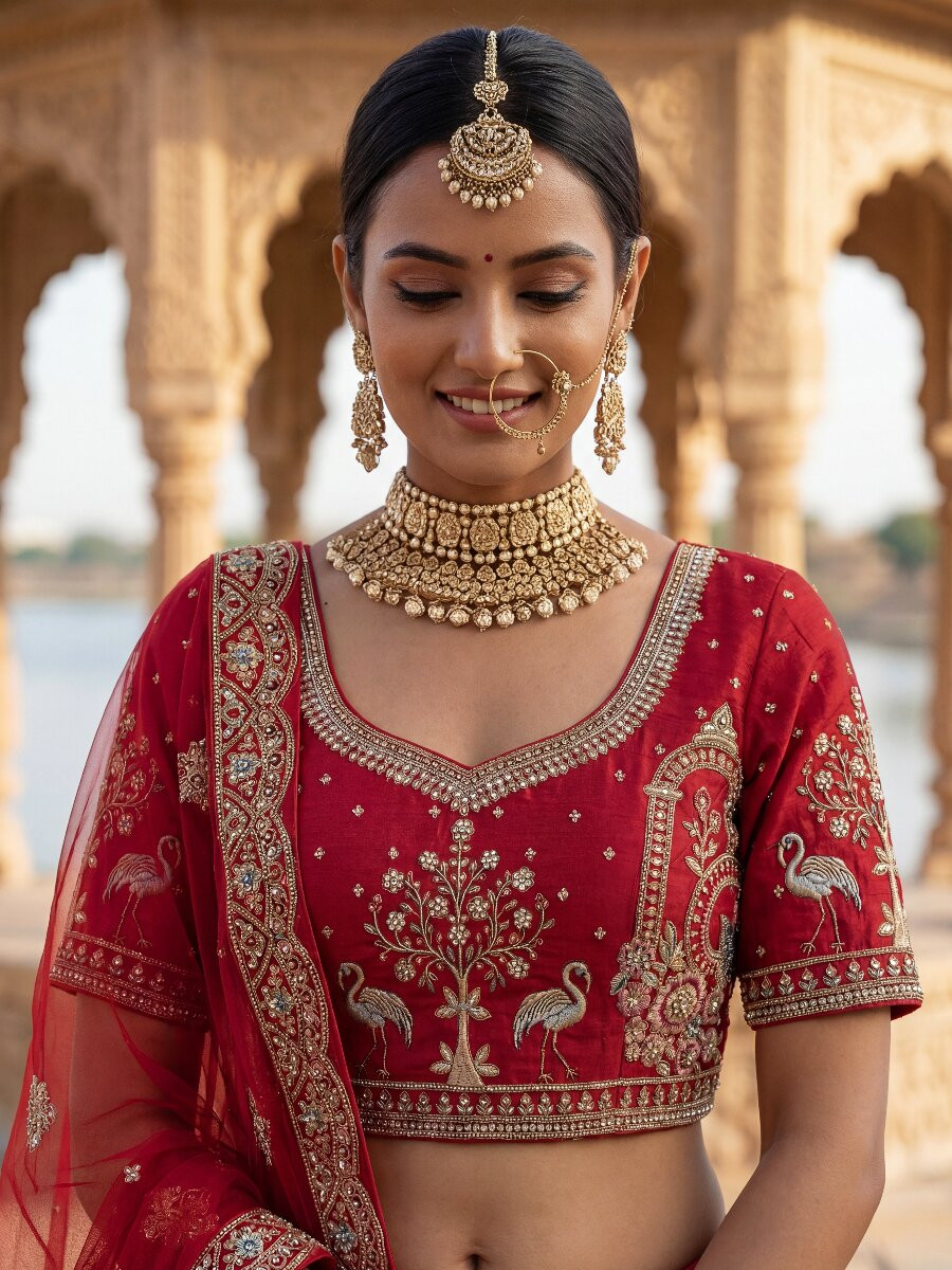 Red Silk Embroidery Sequins Zari Zardosi Resham Thread Wedding Reception Party Festival Bridal Heavy Border Lehenga Choli