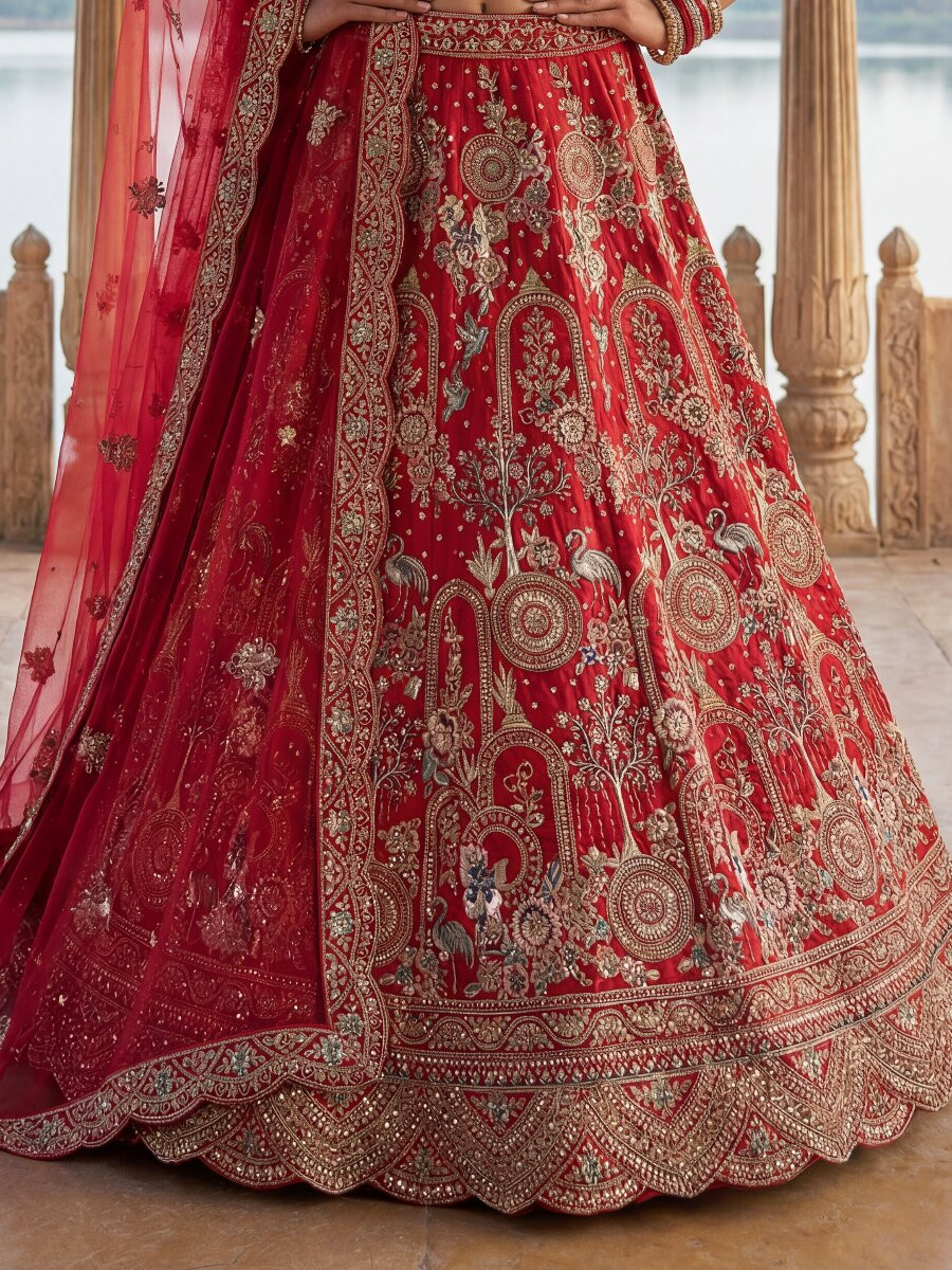 Red Silk Embroidery Sequins Zari Zardosi Resham Thread Wedding Reception Party Festival Bridal Heavy Border Lehenga Choli
