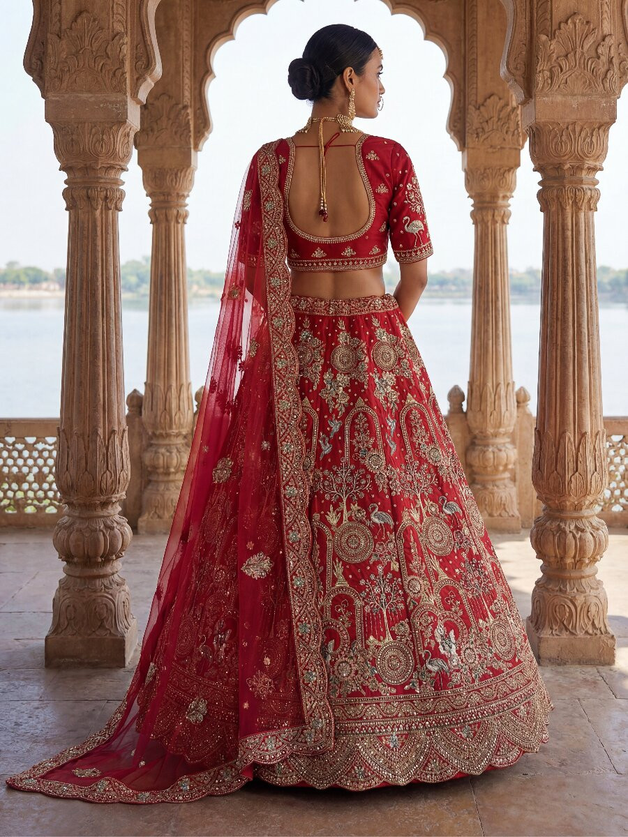 Red Silk Embroidery Sequins Zari Zardosi Resham Thread Wedding Reception Party Festival Bridal Heavy Border Lehenga Choli