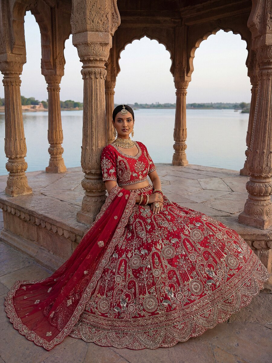 Red Silk Embroidery Sequins Zari Zardosi Resham Thread Wedding Reception Party Festival Bridal Heavy Border Lehenga Choli
