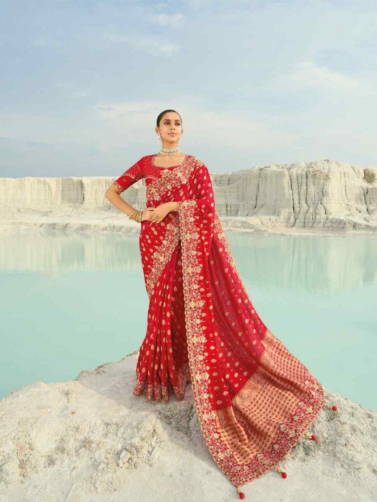 Image of Red Silk Embroidery Traditional Bridal Reception Festival Wedding Fancy Heavy Border Saree