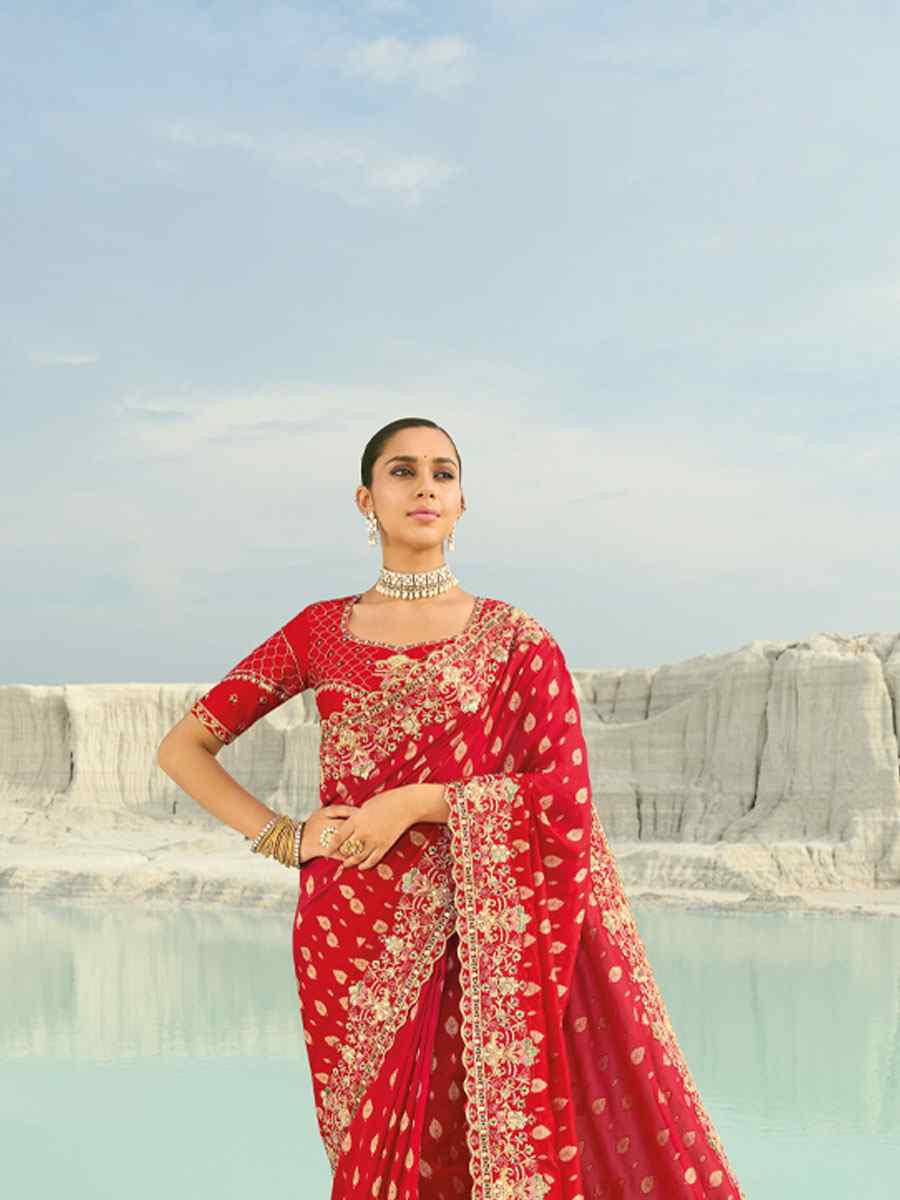 Red Silk Embroidery Traditional Bridal Reception Festival Wedding Fancy Heavy Border Saree