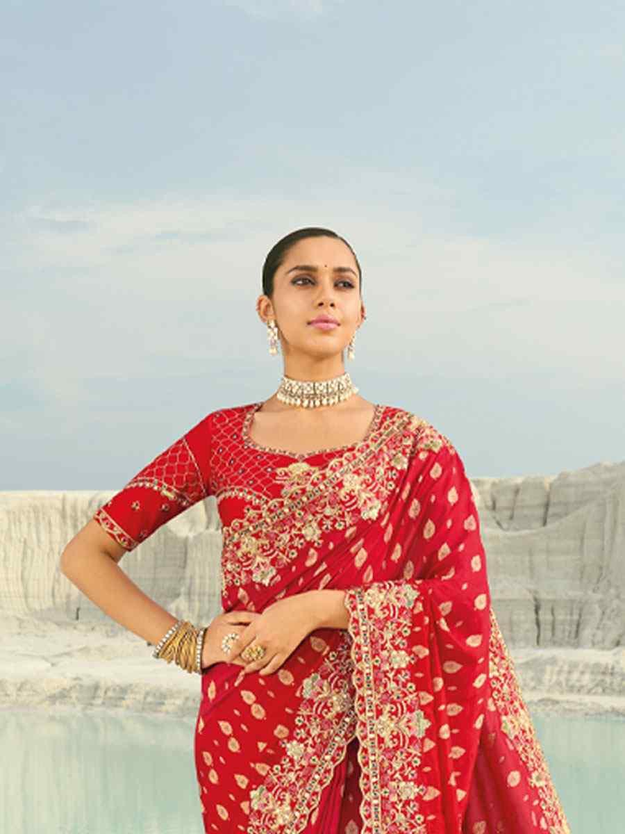 Red Silk Embroidery Traditional Bridal Reception Festival Wedding Fancy Heavy Border Saree