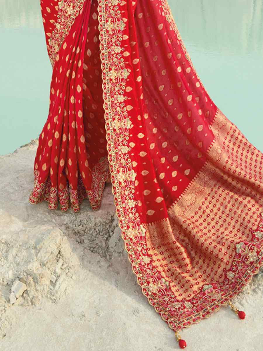 Red Silk Embroidery Traditional Bridal Reception Festival Wedding Fancy Heavy Border Saree