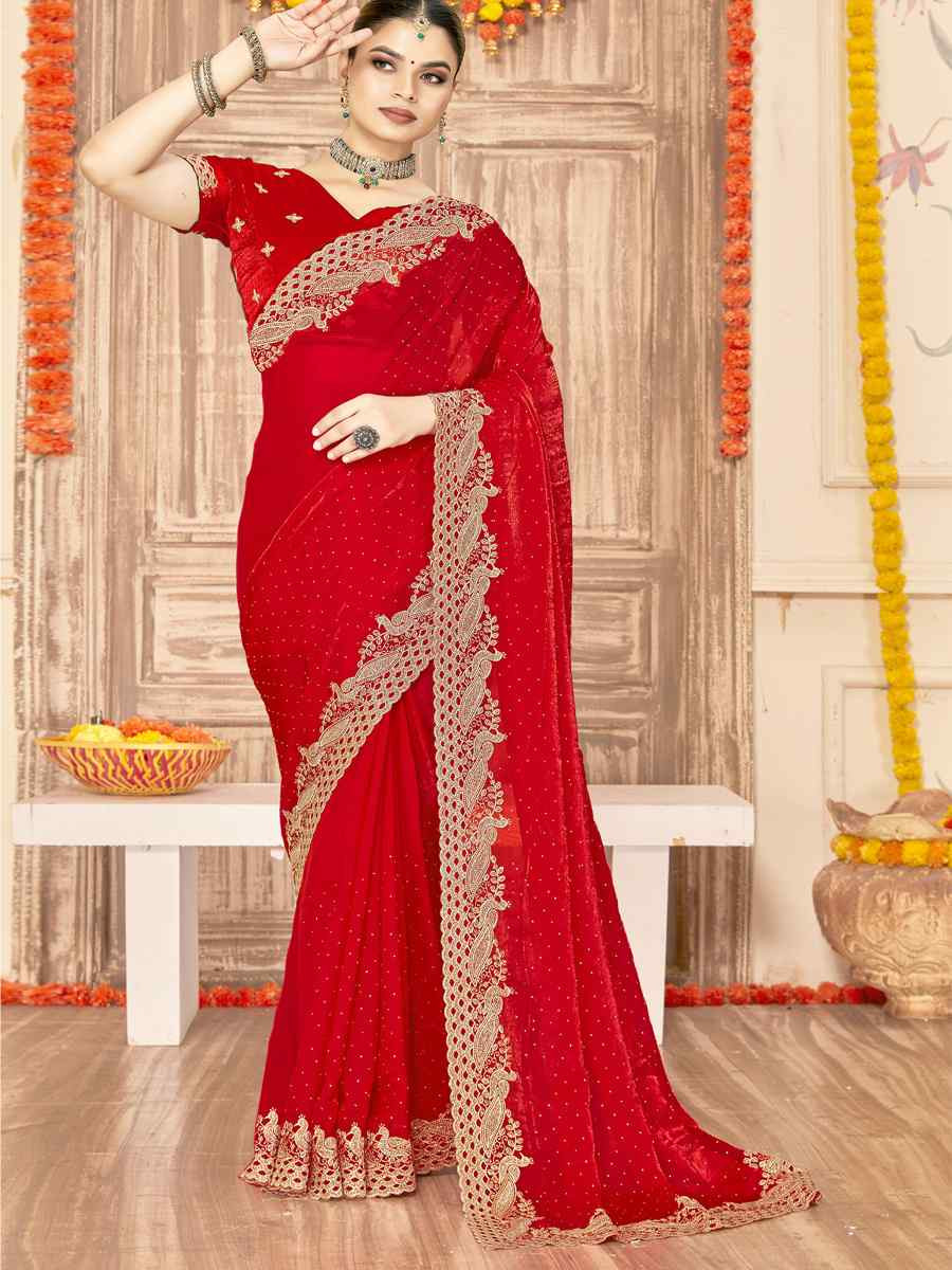 Red Silk Embroidery Traditional Bridal Reception Festival Wedding Fancy Heavy Border Saree