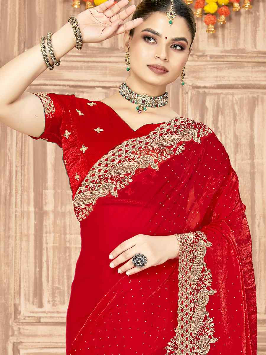 Red Silk Embroidery Traditional Bridal Reception Festival Wedding Fancy Heavy Border Saree