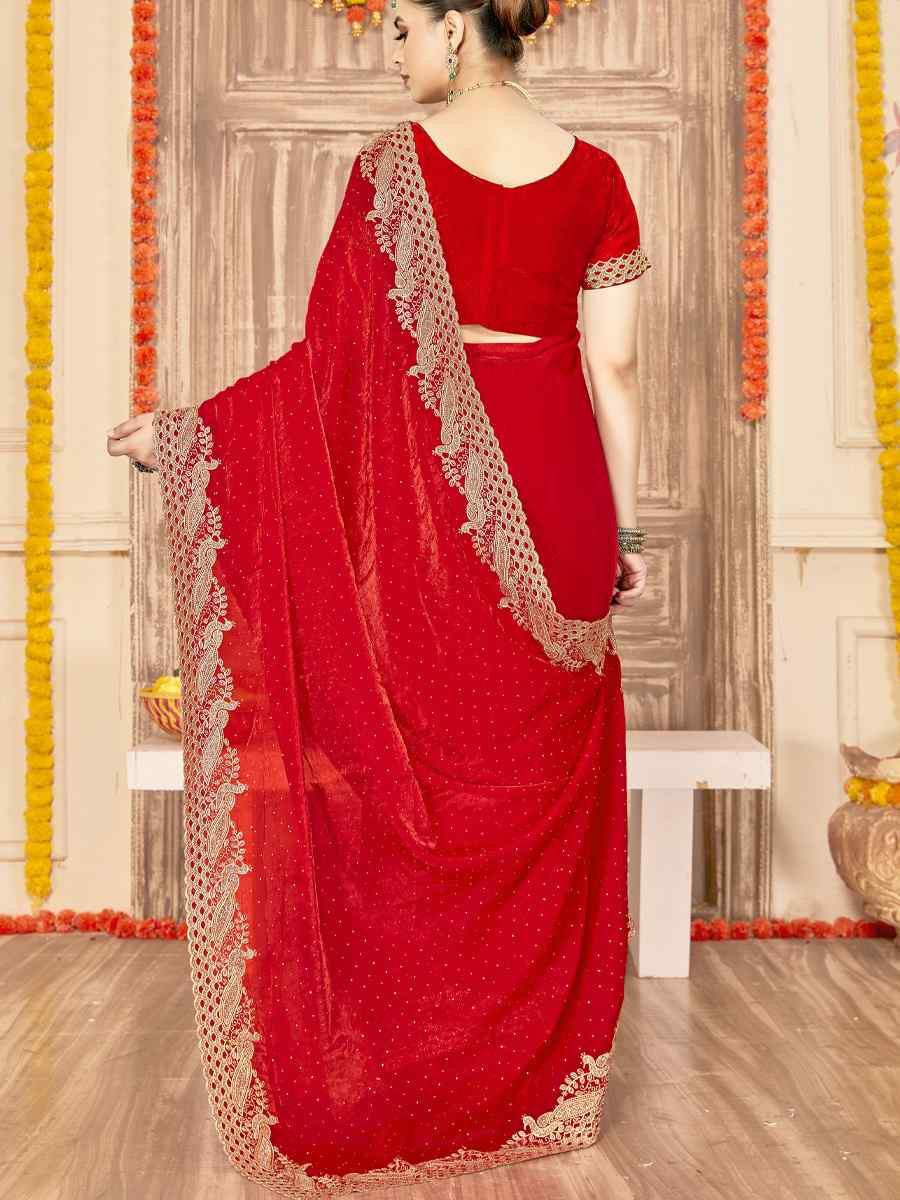 Red Silk Embroidery Traditional Bridal Reception Festival Wedding Fancy Heavy Border Saree