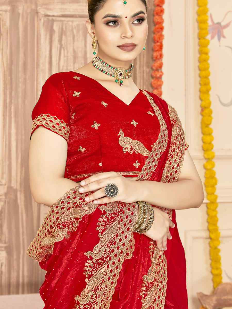 Red Silk Embroidery Traditional Bridal Reception Festival Wedding Fancy Heavy Border Saree